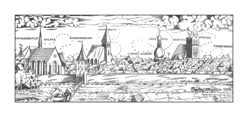 Stadtansicht - Ausschnitt einer Abbildung der Stadt Stade von
Martin Weigel um 1550, Holzschnitt